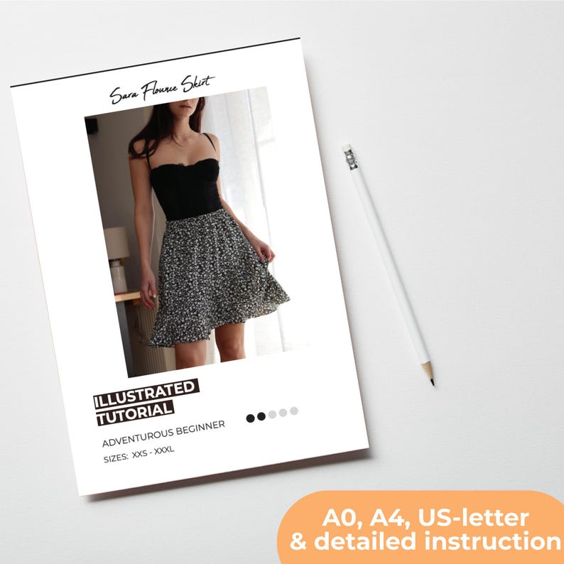 May include: A digital sewing pattern for a flounce skirt. The pattern includes an illustrated tutorial and is for adventurous beginner sewers. The pattern is available in sizes XXS to XXXL. The pattern is available in A0, A4, and US-letter sizes.