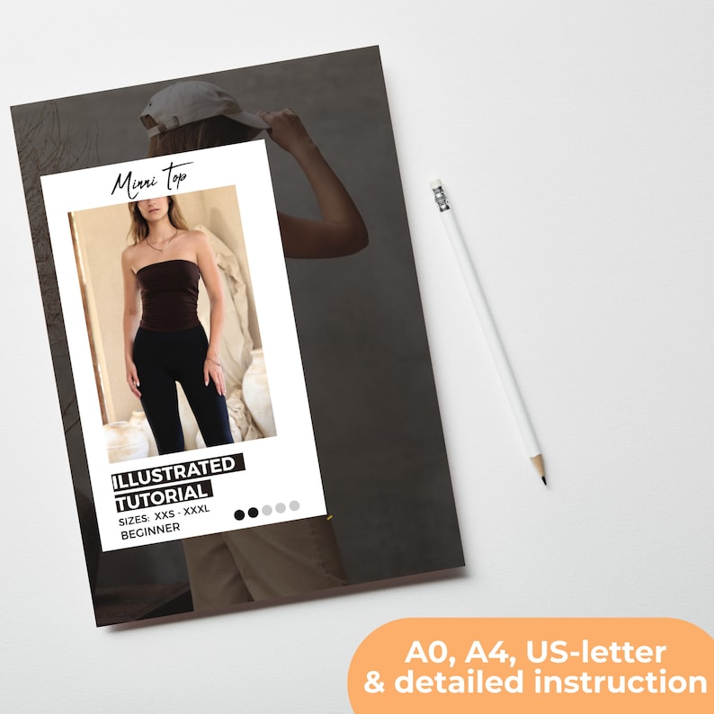 May include: A digital download of a sewing pattern for a strapless top. The pattern includes illustrated instructions and is available in sizes XXS to XXXL. The image shows a model wearing a brown top and black leggings.