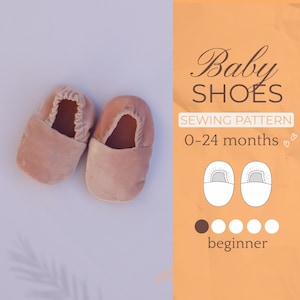 May include: A sewing pattern for baby shoes, suitable for ages 0-24 months. The pattern is labeled as beginner level and includes illustrations of the shoe shape. The image also shows a pair of pink velvet baby shoes.