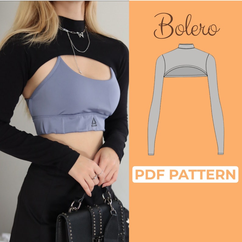 May include: A PDF pattern for a black and gray long-sleeved bolero with a cutout in the front. The text "Bolero" and "PDF Pattern" is visible in the image.