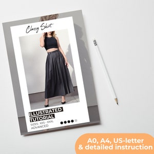 May include: A digital download of a sewing pattern for a black skirt. The pattern includes an illustrated tutorial and is available in sizes XXS to XXXL. The pattern is for an advanced sewing skill level.