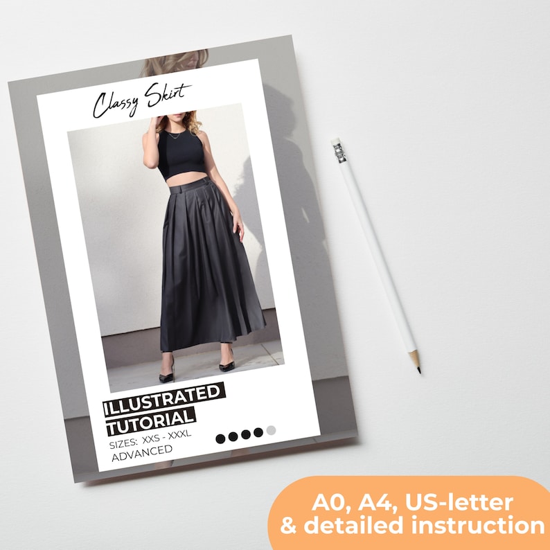 May include: A digital download of a sewing pattern for a black skirt. The pattern includes an illustrated tutorial and is available in sizes XXS to XXXL. The pattern is for an advanced sewing skill level.
