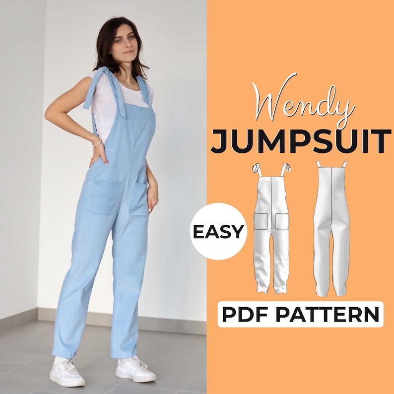 May include: A woman wearing a light blue jumpsuit with straps tied at the shoulders. The image includes a text overlay that reads "Wendy Jumpsuit Easy PDF Pattern".