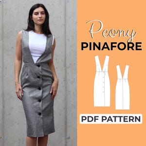 Könnte beinhalten: Ein PDF-Schnittmuster für ein Peony Pinafore Kleid. Das Schnittmuster enthält zwei Ansichten, eine mit Knopfleiste vorne und eine mit Reißverschluss hinten. Das Schnittmuster steht zum Download bereit.