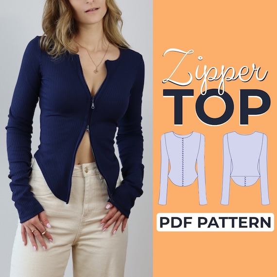 Long Sleeve Top Sewing Pattern, Zipper Y2K Top, Summer Top, Festival Rave Top, XXS - 3XL, A4, A0 & US-Letter + Detailed Illustrated Tutorial