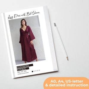 Schnittmuster für Wickelkleid, XXS XXXL, Schnittmuster für ein Anfängerfreundliches Wickelkleid mit Trompetenärmeln, A0, A4 & US-Letter einfache Anleitung Bild 3