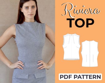 High Neck Top Sewing Pattern | Sleeveless Tailored Top | Pattern + Detailed Illustrated Instruction | XXS - 7XL | A0, A4 & US-Letter