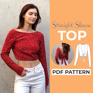 Patrón de costura de blusa con lazo en la espalda y mangas rectas / Blusa campesina / Patrón para principiantes + Tutorial ilustrado fácil / XXS - XXL / A0, A4 y tamaño carta de EE. UU.