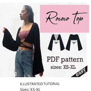 Padrão de costura de blusa curta de manga flare | Top hippie para festivais, festas ou praia | XS-XL | Download detalhado em PDF Tamanho A0, A4, Carta dos EUA