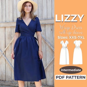 Patrón de costura para vestido cruzado de verano, tallas XXS-XXXXL, escote en V, mangas remangadas, tallas A0, A4 y carta de EE. UU. + instrucciones detalladas