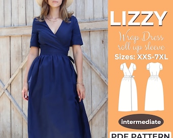 Wrap Dress Sewing Pattern, XXS - XXXL, V-Neck, Summer Wraparound Dress With Roll Up Sleeves, A0, A4 & US-Letter + Detailed Instruction