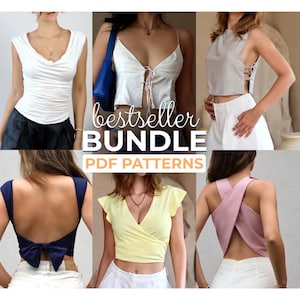 Puede incluir: Un collage de cinco patrones de costura diferentes para tops cortos. Los patrones son para un top corto blanco con un detalle de nudo, un top corto gris claro con un nudo lateral, un top corto amarillo con un detalle de envoltura, un top corto azul con un detalle de lazo y un top corto rosa con una espalda cruzada. El texto "bestseller BUNDLE PDF PATTERNS" está en el centro del collage.