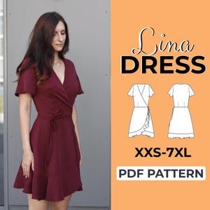Puede incluir: Se muestra un vestido cruzado burdeos con mangas cortas y cinturón anudado. El vestido es modelado por una persona. La imagen también incluye un diagrama del vestido y el texto "Lina DRESS", "XXS-7XL" y "PDF PATTERN".