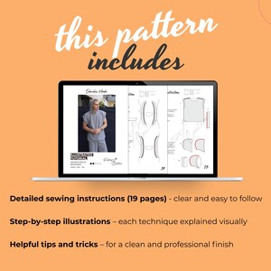 May include: A laptop displays a sewing pattern for a sleeveless hoodie, with detailed instructions and illustrations. The screen shows the text "this pattern includes" in a handwritten font. The background is a light orange color.