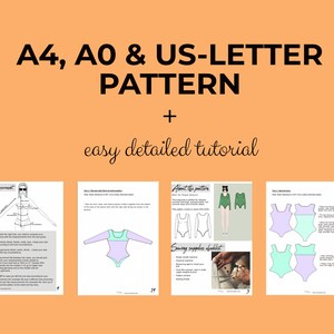 May include: A printable sewing pattern for a bodysuit in A4, A0, and US-Letter sizes. The pattern includes a detailed tutorial and a checklist of sewing supplies. The image shows a line drawing of a bodysuit in green and purple.