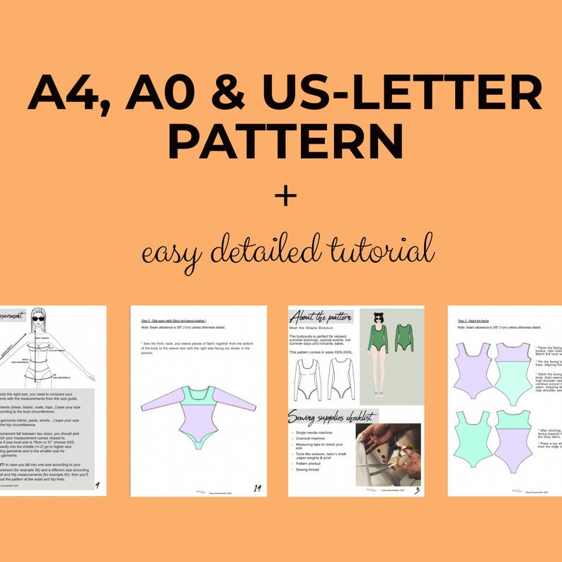 May include: A printable sewing pattern for a bodysuit in A4, A0, and US-Letter sizes. The pattern includes a detailed tutorial and a checklist of sewing supplies. The image shows a line drawing of a bodysuit in green and purple.