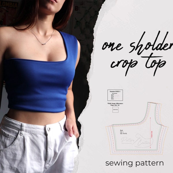 girls crop top sewing pattern - one shoulder top pattern - sewing pattern top - top pattern sewing - crop tank top sewing pattern XS-XL