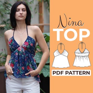 Patrón de costura para top peplum con cuello halter / Top con espalda abierta y lazo / Patrón + instrucciones ilustradas detalladas / XXS - XXXL / A0, A4, Carta EE. UU.