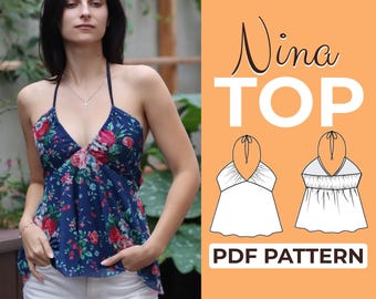 Peplum Halter Top Sewing Pattern | Open Back Tie Top | Pattern + Detailed Illustrated Instruction | XXS - XXXL | A0, A4, US-Letter