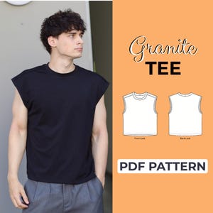 Op de afbeelding: Een zwart mouwloos t-shirt met een ronde hals. De afbeelding bevat een digitale illustratie van het kledingstuk met voor- en achteraanzichten, gelabeld met de tekst Granite TEE en PDF PATTERN op een oranje achtergrond.