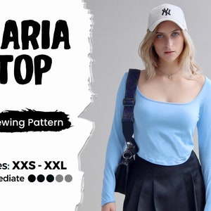 Patrón de costura de blusa de manga larga con escote cuadrado - Patrón de blusa con un hombro al descubierto - Patrón de manga larga - Patrón de vestido fácil - Tamaños A0, A4 y carta estadounidense