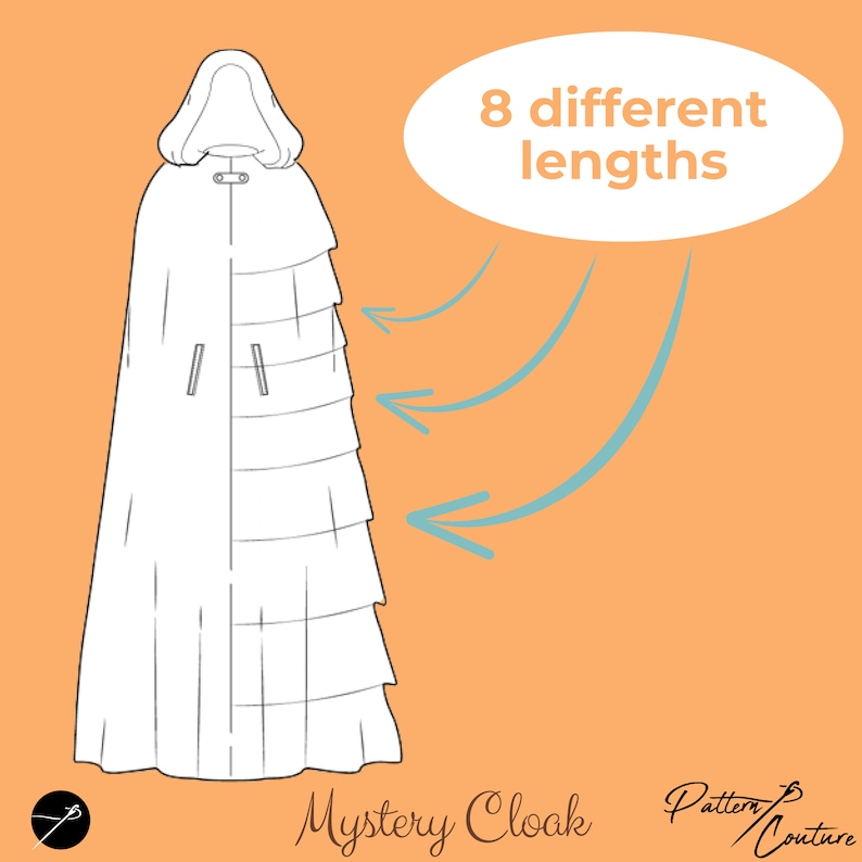 May include: Line drawing of a hooded cloak with 8 different lengths marked by arrows. The text "Mystery Cloak" and "Pattern Couture" are at the bottom of the image.