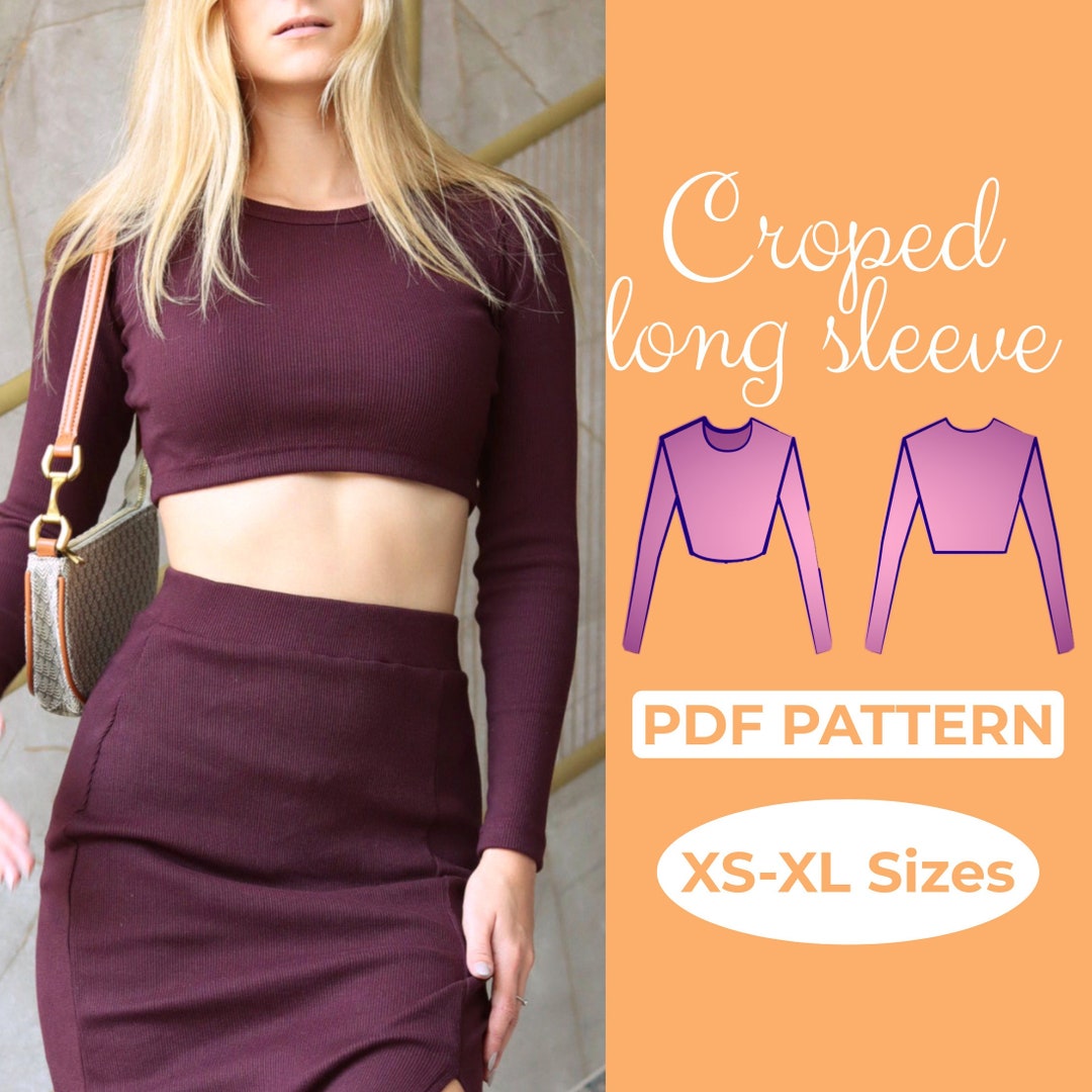 Long Sleeve Crop Top Sewing Pattern, Cropped Sweater, Athletic Bodycon Top, A4, A0, Usletter