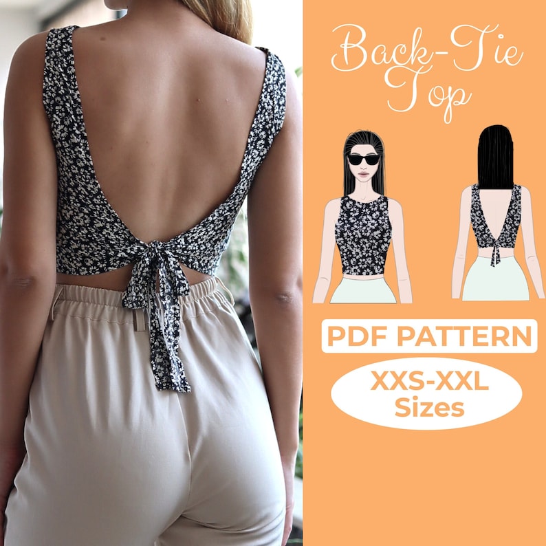 Back Tie Top Sewing Pattern, Easy Beginner Pattern XXS XXL Easy Illustrated Tutorial, Summer Bandeau Top, Tie Blouse, Open Back Top image 1