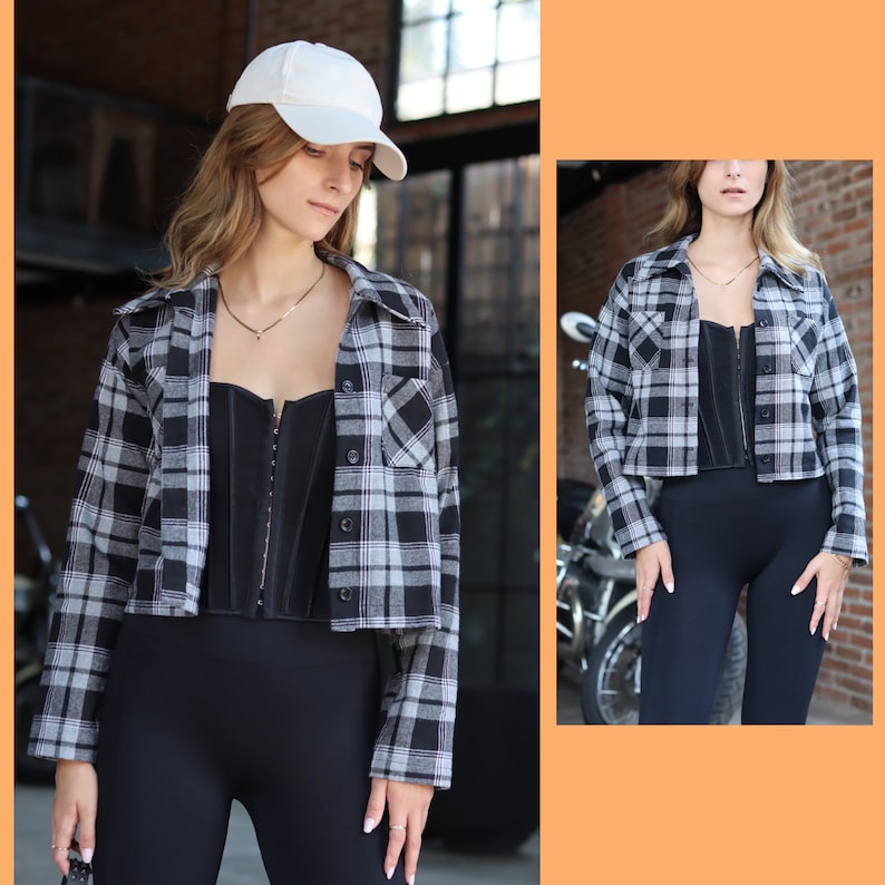 May include: A black and white plaid cropped shirt with long sleeves and a white baseball cap. The shirt has a button-up front and two pockets.