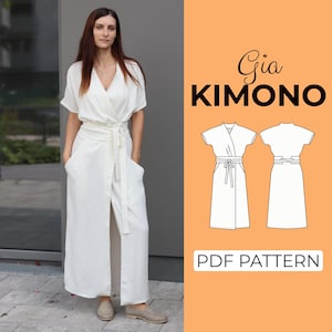May include: A white wrap-style kimono dress with short sleeves, a tie waist, and side pockets. The image includes a technical line drawing of the front and back of the garment, with the text Gia KIMONO and PDF PATTERN displayed on an orange background.