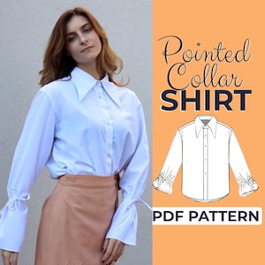Patrón de costura para camisa de poeta, camisa con cuello en punta y mangas abullonadas, blusa estilo regencia, tallas XXS a XXXL, A4, A0 y carta de EE. UU. + tutorial ilustrado detallado