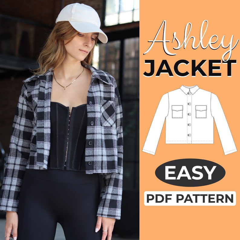 May include: A digital download PDF pattern for an easy to sew Ashley Jacket. The pattern includes a line drawing of the jacket with two pockets and button closures. The text "EASY PDF PATTERN" is also included in the image.