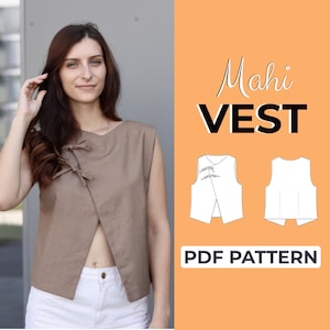 Op de afbeelding: Een vrouw draagt een bruin mouwloos vest met een V-hals en strikdetails. De afbeelding bevat de tekst "Mahi VEST" en "PDF PATTERN" op een oranje achtergrond, samen met vestontwerp illustraties.