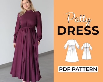 Puff Sleeve Maxi Dress Sewing Pattern | Long Sleeve Dress | Pattern + Detailed Illustrated Instructions | XXS - 7XL | A0, A4 & US-Letter