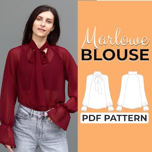 Patrón de costura de blusa formal de manga larga / Blusa transparente / Patrón + instrucciones ilustradas detalladas / XXS - 7XL / A0, A4 y carta de EE. UU.