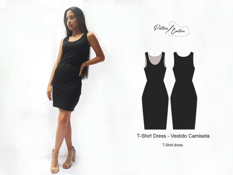 May include: A black sleeveless t-shirt dress. The dress is fitted and has a scoop neck. The dress is shown on a model and a flat lay illustration.
