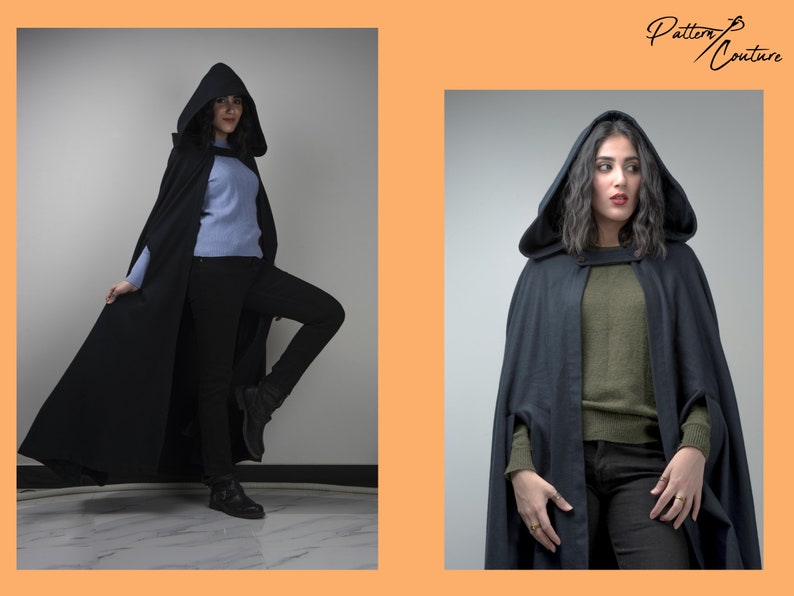 May include: Two women wearing black hooded capes. The cape has a long, flowing design and is made of a soft, drapey fabric. The women are wearing different coloured sweaters underneath the capes.
