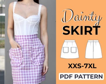 Gingham Mini Skirt Sewing Pattern | Pocket High Waist Skirt | Pattern + Detailed Illustrated Instruction | XXS - 7XL | A0, A4 & US Letter
