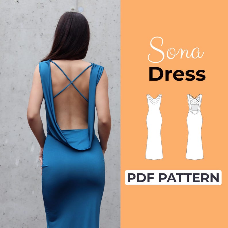 Patrón de costura para vestido ajustado / Vestido elegante con cuello drapeado / Patrón + Instrucciones ilustradas detalladas / XXS - 7XL / A0, A4 y tamaño carta estadounidense imagen 1