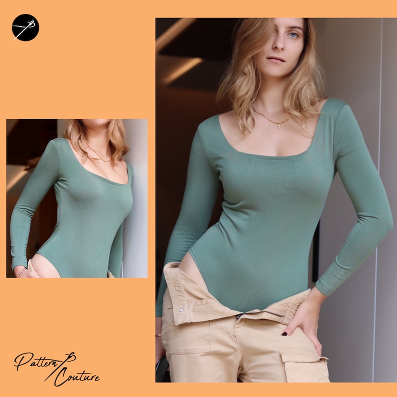 May include: A sage green long-sleeved bodysuit with a square neckline. The bodysuit is fitted and has a smooth texture. The model is wearing the bodysuit with beige trousers.