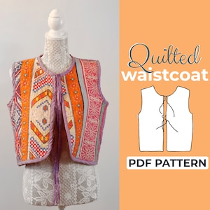 Patrón de costura de chaleco acolchado, patrón de blusa con lazo delantero, XXS - XXL, A0, A4 y carta de EE. UU. + tutorial ilustrado detallado