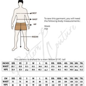 May include: Diagram of a male figure with labeled body measurements: chest, waist, hip, and inseam. Includes a size chart in inches and centimeters for waist and hips, ranging from XXS to 7XL. Text states the pattern is drafted for a 5'9" tall person.