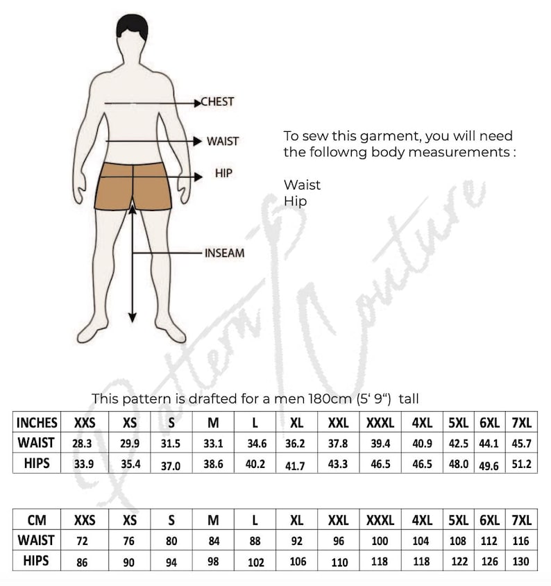 May include: Diagram of a male figure with labeled body measurements: chest, waist, hip, and inseam. Includes a size chart in inches and centimeters for waist and hips, ranging from XXS to 7XL. Text states the pattern is drafted for a 5'9" tall person.