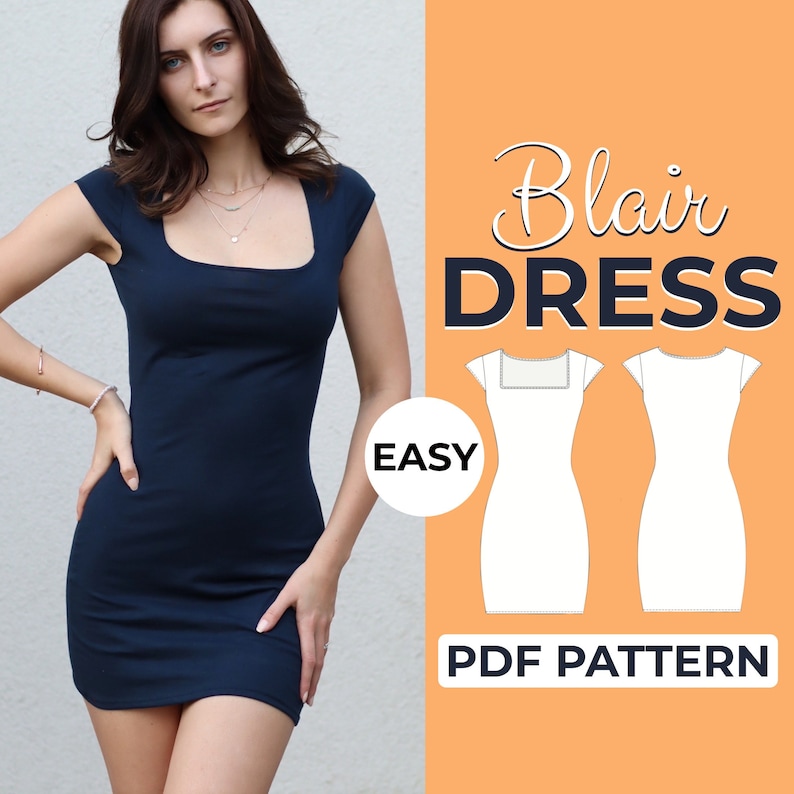 May include: A digital PDF sewing pattern for a simple, fitted dress called the Blair Dress. The pattern is easy to follow and includes instructions for making the dress. The dress has a square neckline and short sleeves. The pattern is available in multiple sizes.