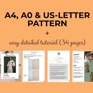 Op de afbeelding: Een digitaal downloadbaar patroon voor een middeleeuwse jurk met een beeldtutorial. Het patroon bevat instructies voor het naaien van de zijnaden en een lijst met benodigdheden en stofadviezen. Het patroon is verkrijgbaar in de formaten A4, A0 en US-Letter.