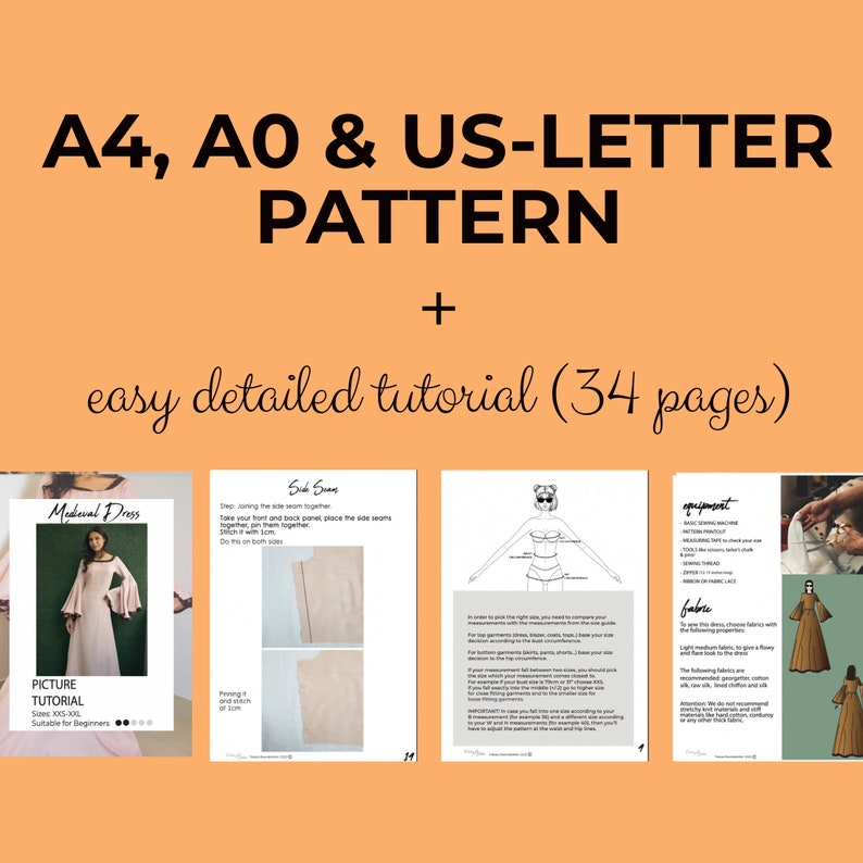 Op de afbeelding: Een digitaal downloadbaar patroon voor een middeleeuwse jurk met een beeldtutorial. Het patroon bevat instructies voor het naaien van de zijnaden en een lijst met benodigdheden en stofadviezen. Het patroon is verkrijgbaar in de formaten A4, A0 en US-Letter.