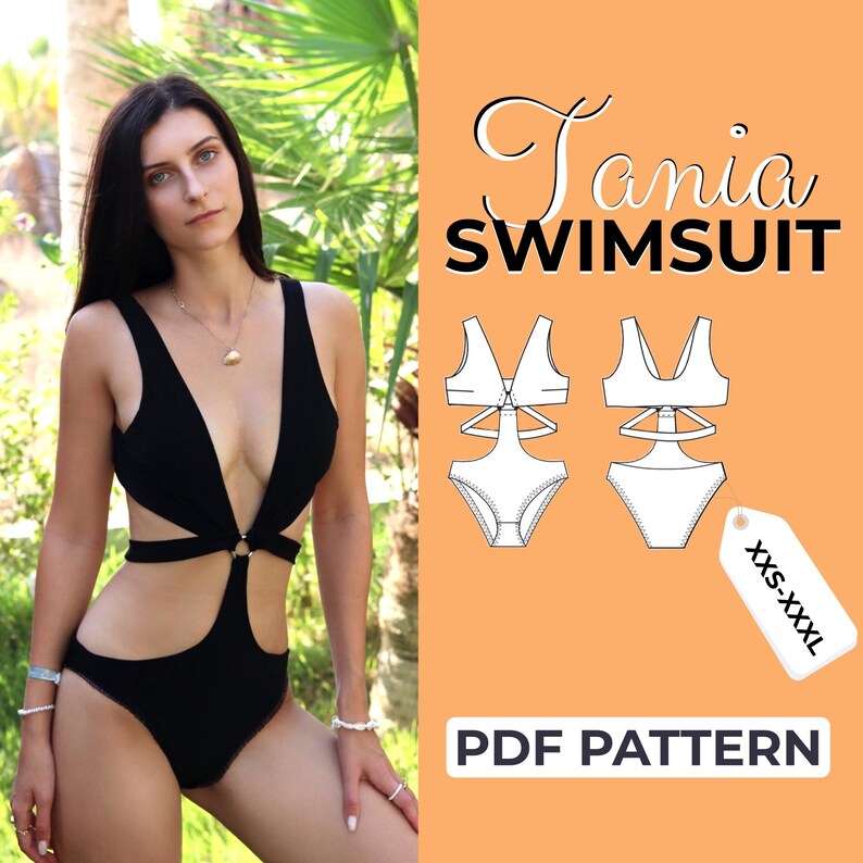 Pode incluir: Um mai&ocirc; preto com recortes e um detalhe de anel. O mai&ocirc; &eacute; mostrado em uma modelo. A imagem tamb&eacute;m inclui um desenho de linha do mai&ocirc; e o texto "Tania Swimsuit PDF Pattern" e "XXS-XXL".