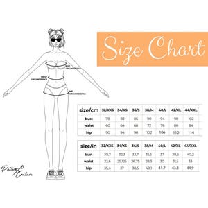 May include: Size chart for clothing in inches and centimeters. The chart shows bust, waist, and hip measurements for sizes XXS to XXL.