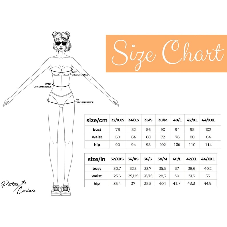 May include: Size chart for clothing in inches and centimeters. The chart shows bust, waist, and hip measurements for sizes XXS to XXL.
