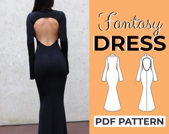 May include: A long, black dress with long sleeves and a keyhole back. The dress has a high neckline and a fitted silhouette that flares out at the bottom. The image also includes the text "Fantasy DRESS" and "PDF PATTERN".